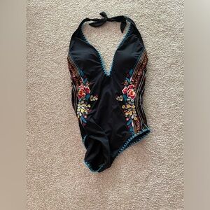 Sexy deep plunge Johnny Was one-piece swimsuit halter-top